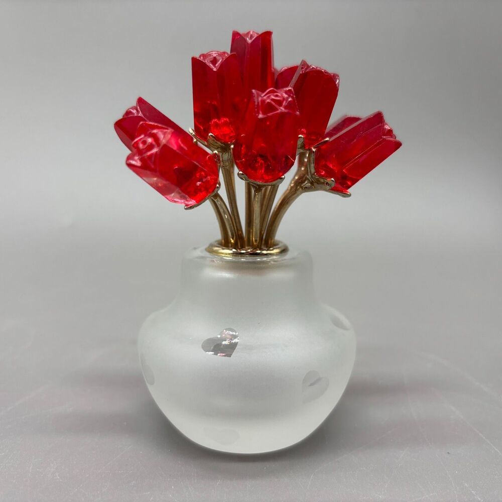 Vintage Red Lucite Rose Bouquet Frosted Hearts Art Glass Vase Paperweight Decor